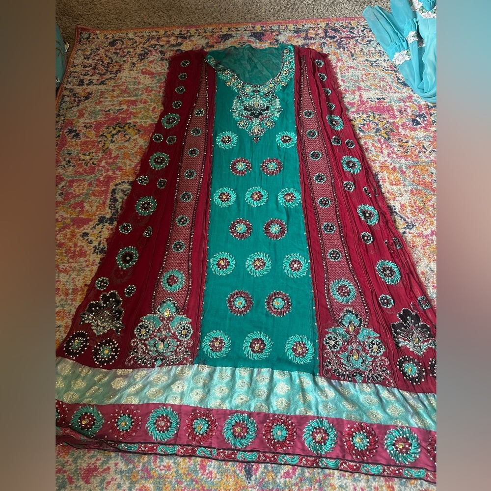 Elegant Red and Teal Embroidered Sari Dress